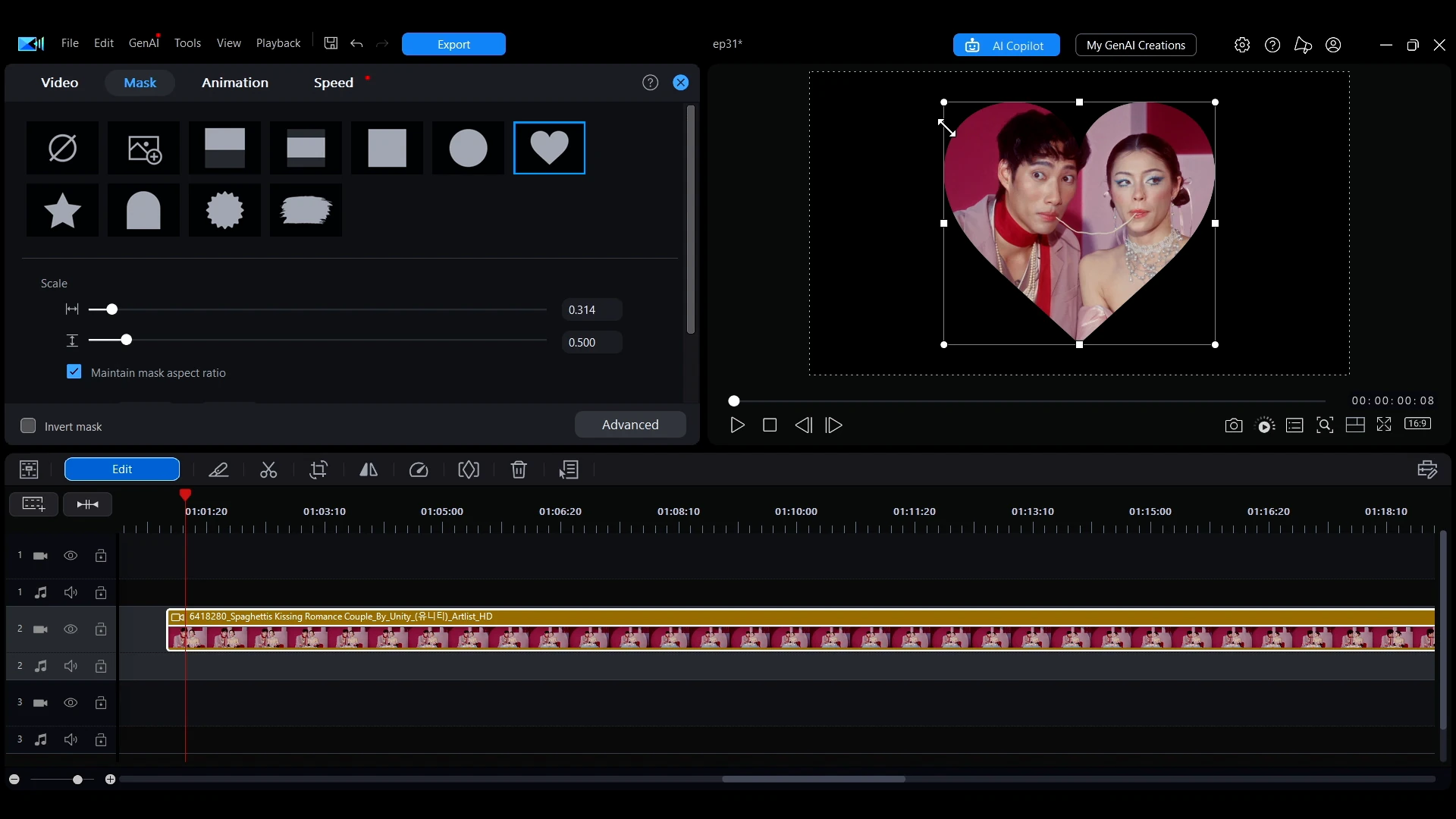 A heart-shaped mask applied to a photo of a couple in the PowerDirector preview window.