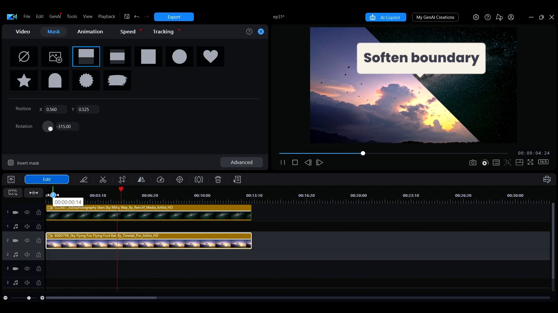 A callout reading soften boundary over a masked sky clip in the PowerDirector preview.