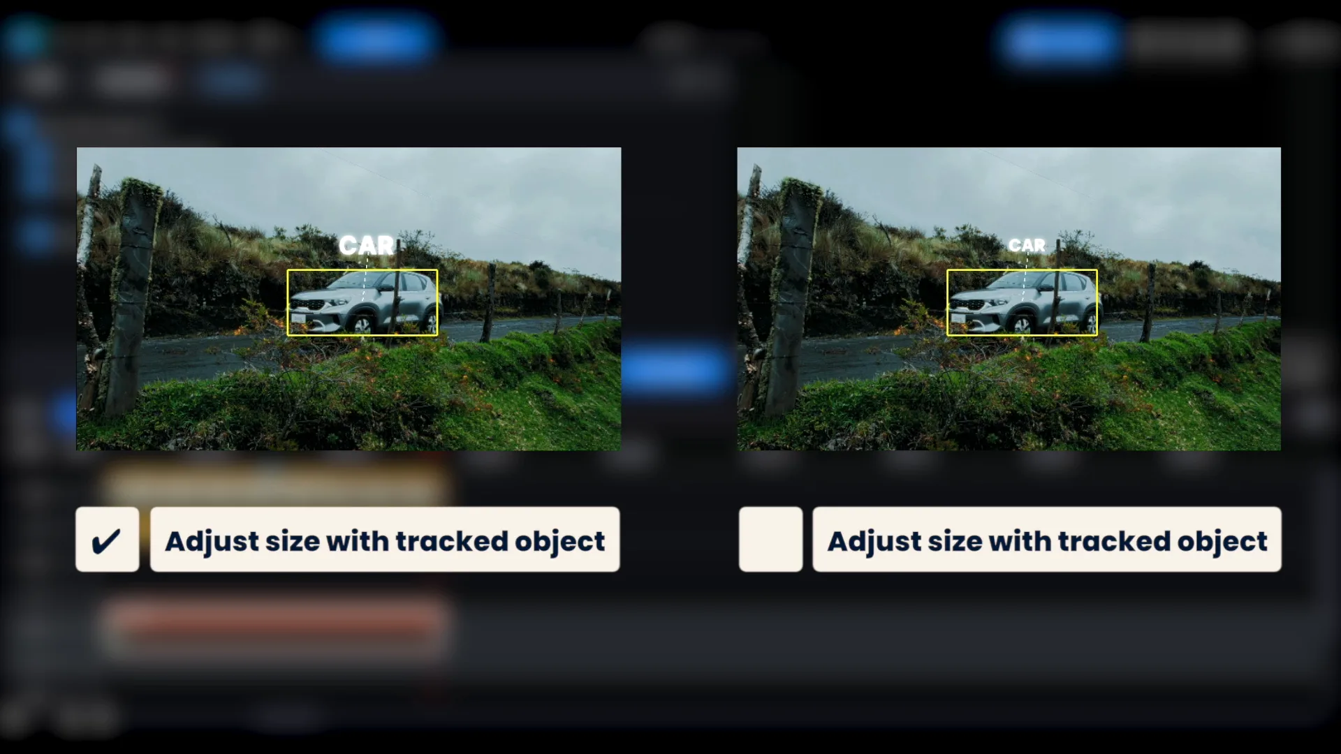 The same shot with Adjust size with tracked object ticked and unticked, side by side