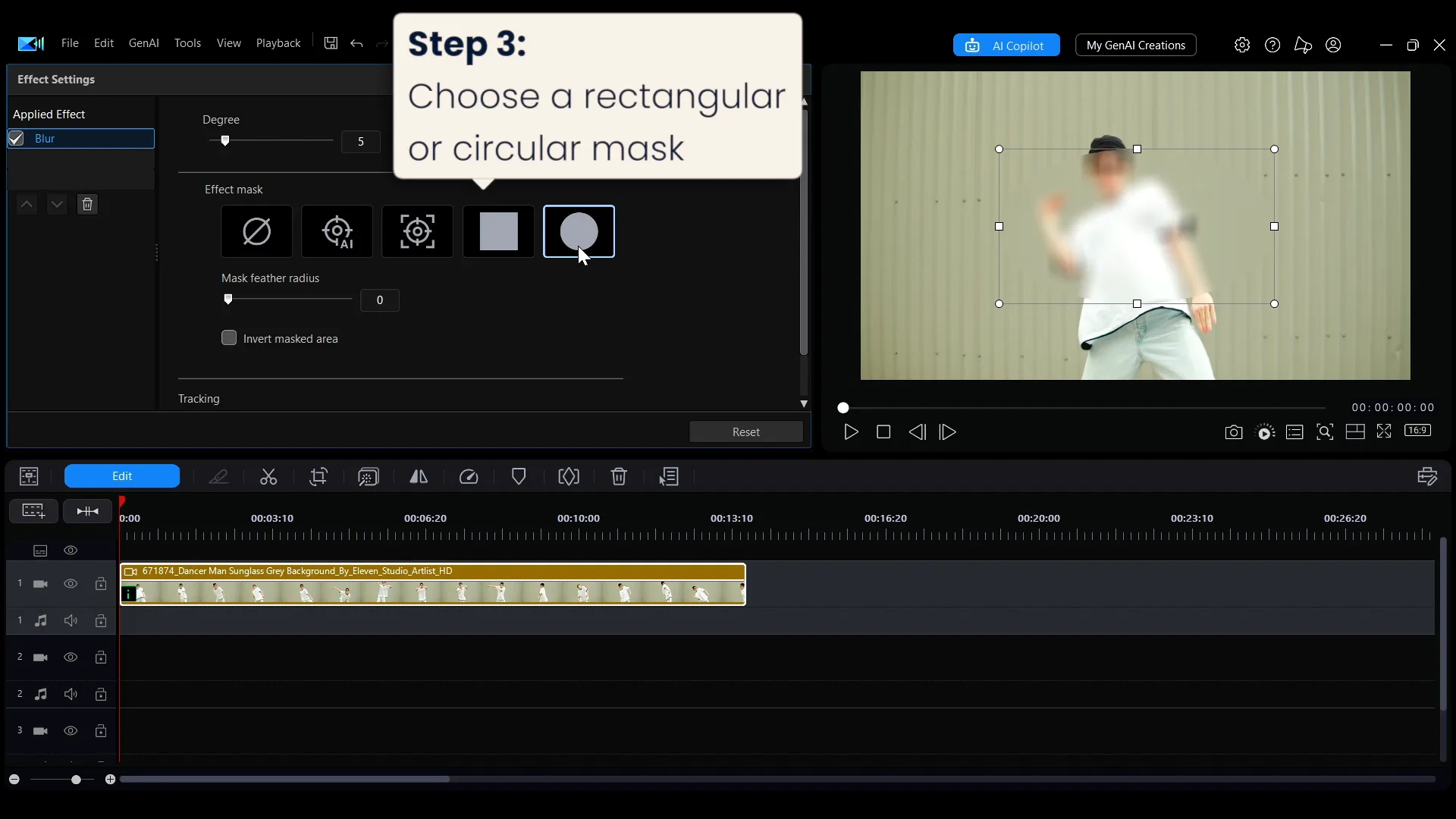 The rectangular and circular mask options in the Effect mask section