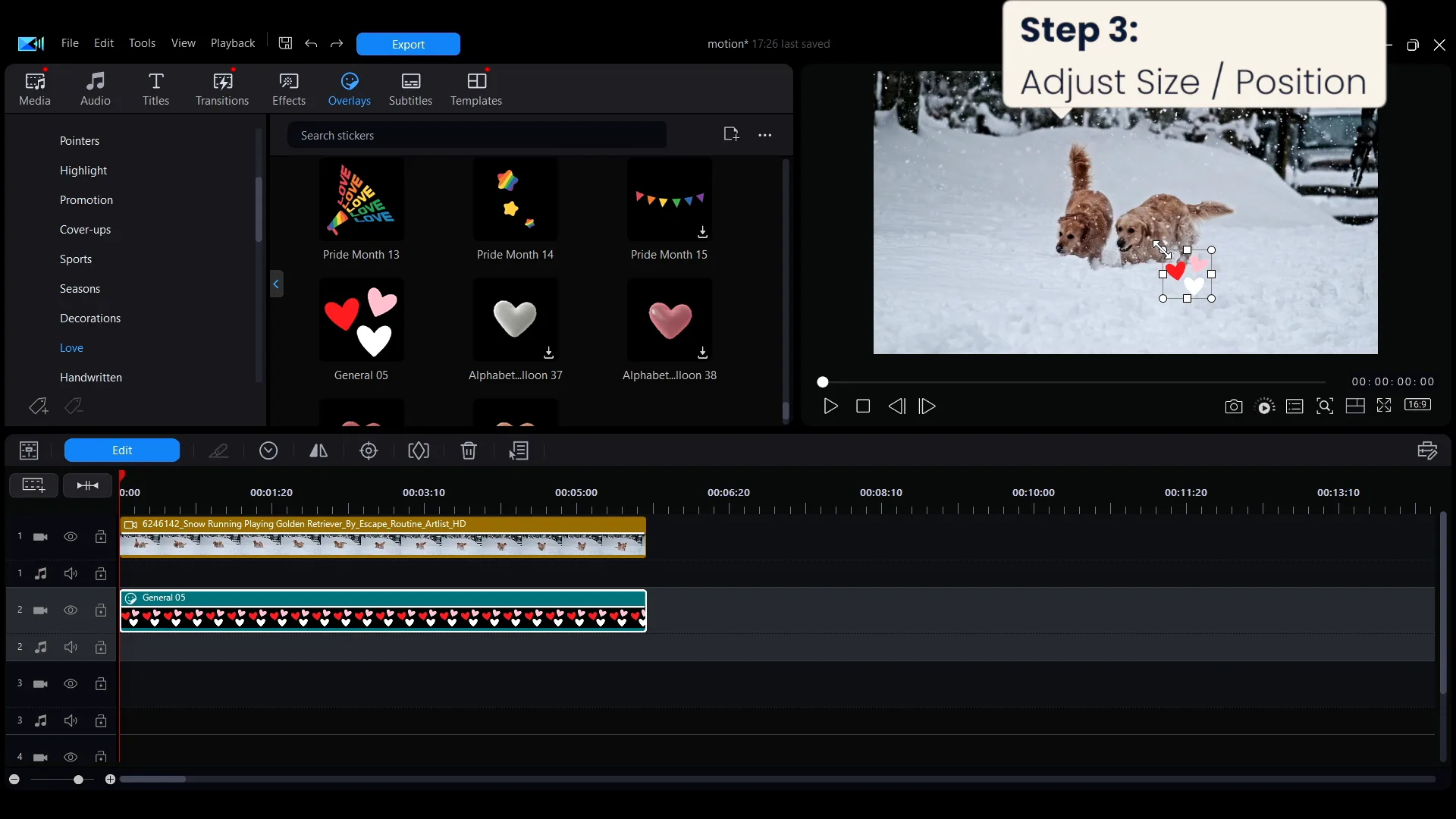 A sticker placed on a lower track and sized over the main video clip