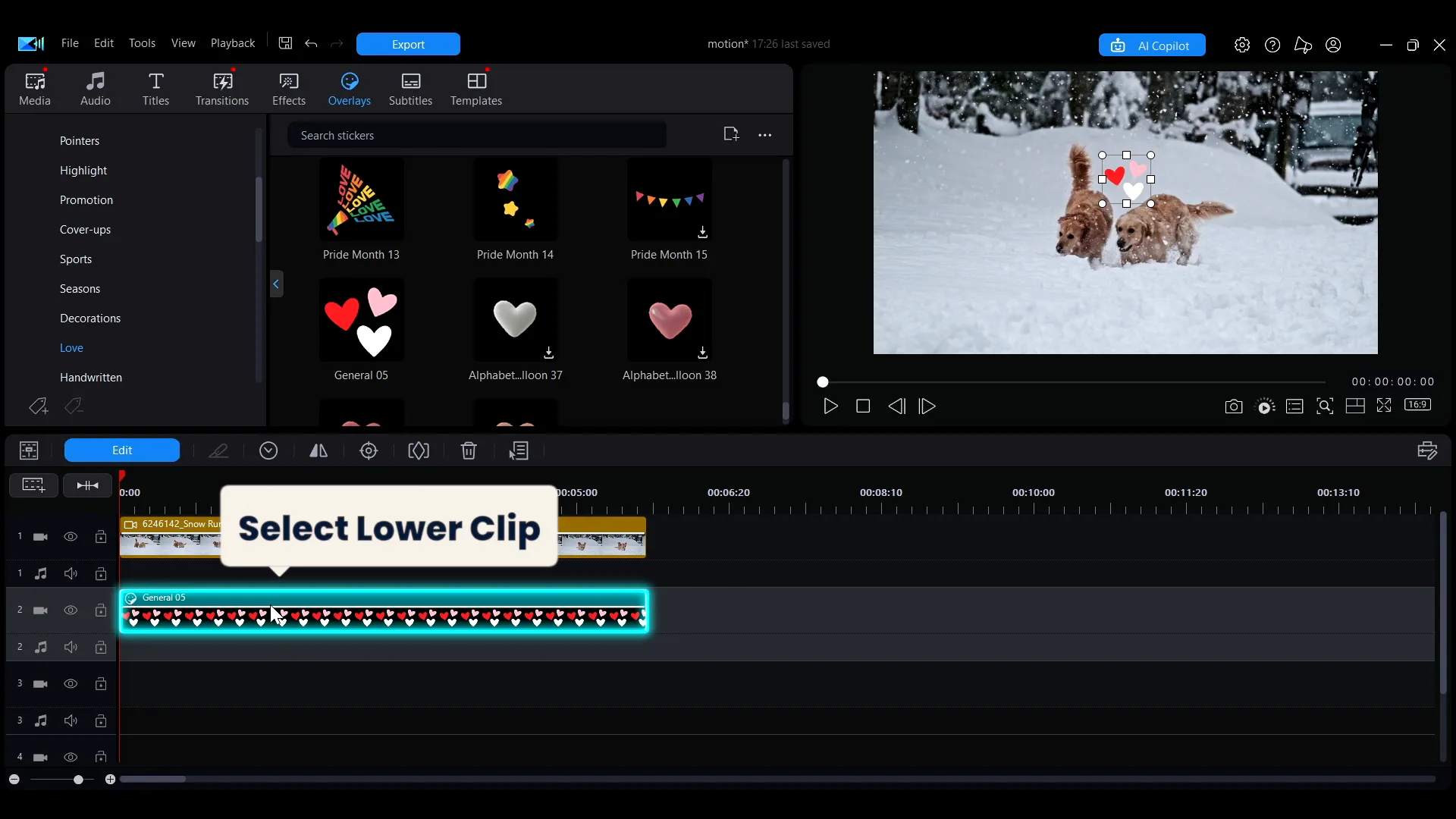 The lower-track clip selected on the PowerDirector timeline