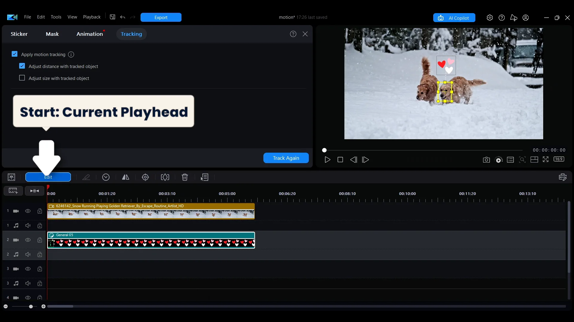 The playhead position marking where motion tracking will start
