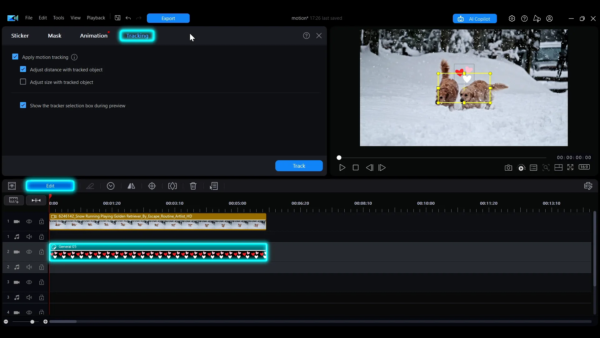 The Tracking tab in the PowerDirector Edit panel