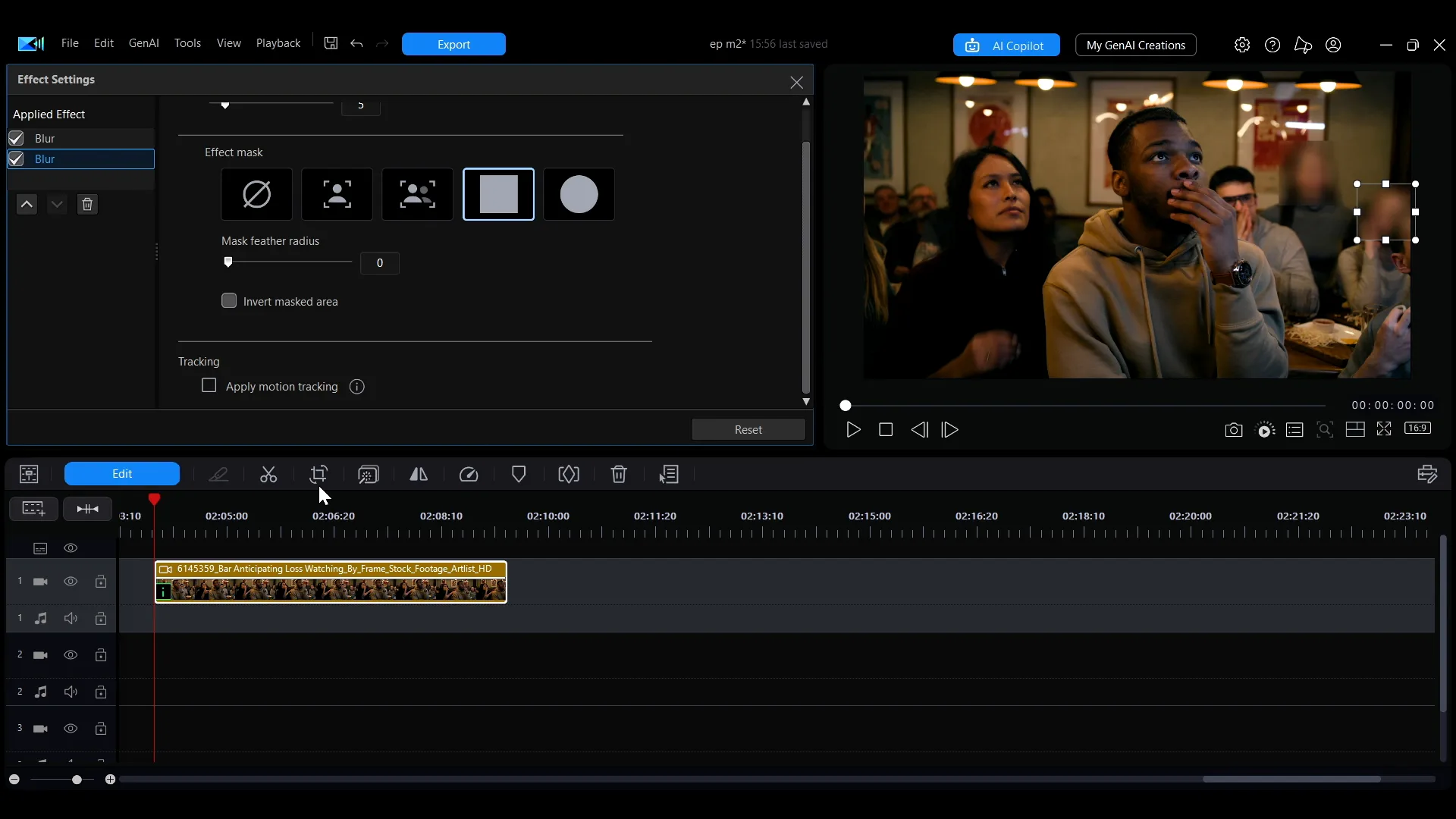 Two separately tracked blur effects on two faces in the same clip