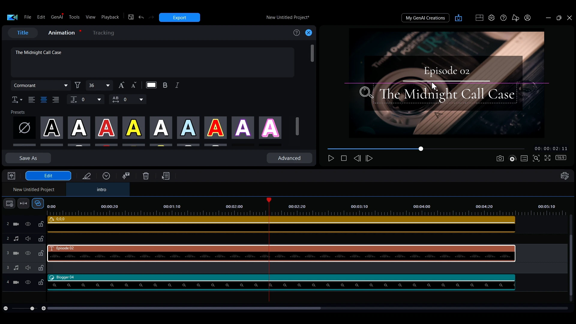 The inside of a nested project in PowerDirector, with the intro text being changed to Episode 02, The Midnight Call Case.