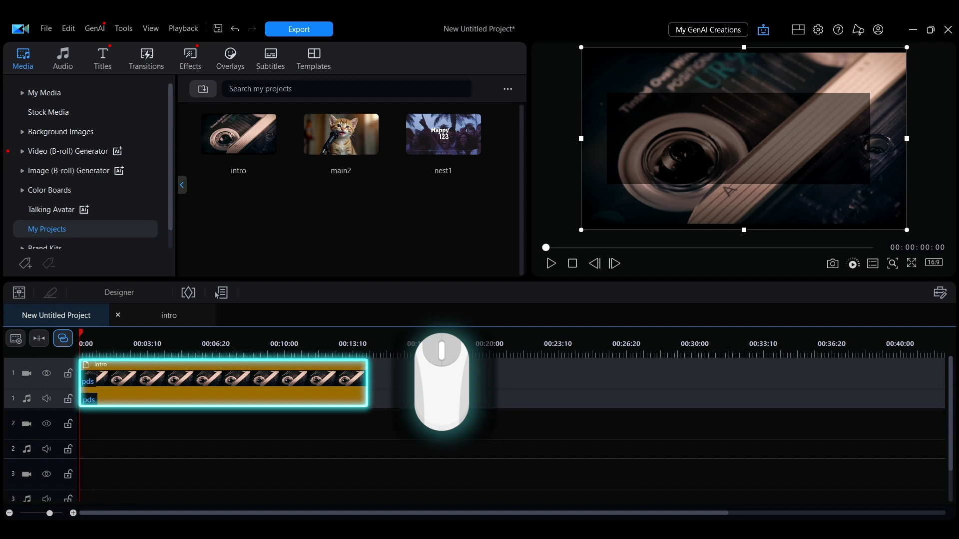 A nested project clip being double-clicked on the PowerDirector timeline to open it for editing.