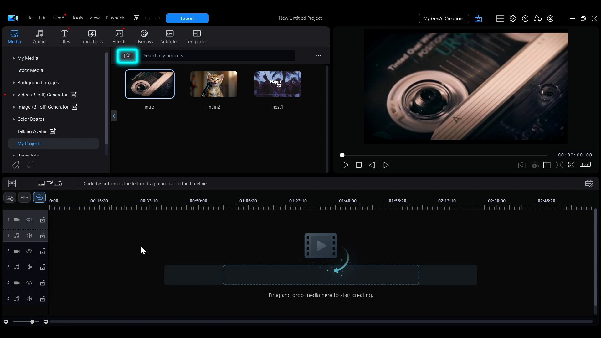 The My Projects section of the Media tab in PowerDirector, showing saved projects and the Import Project option.