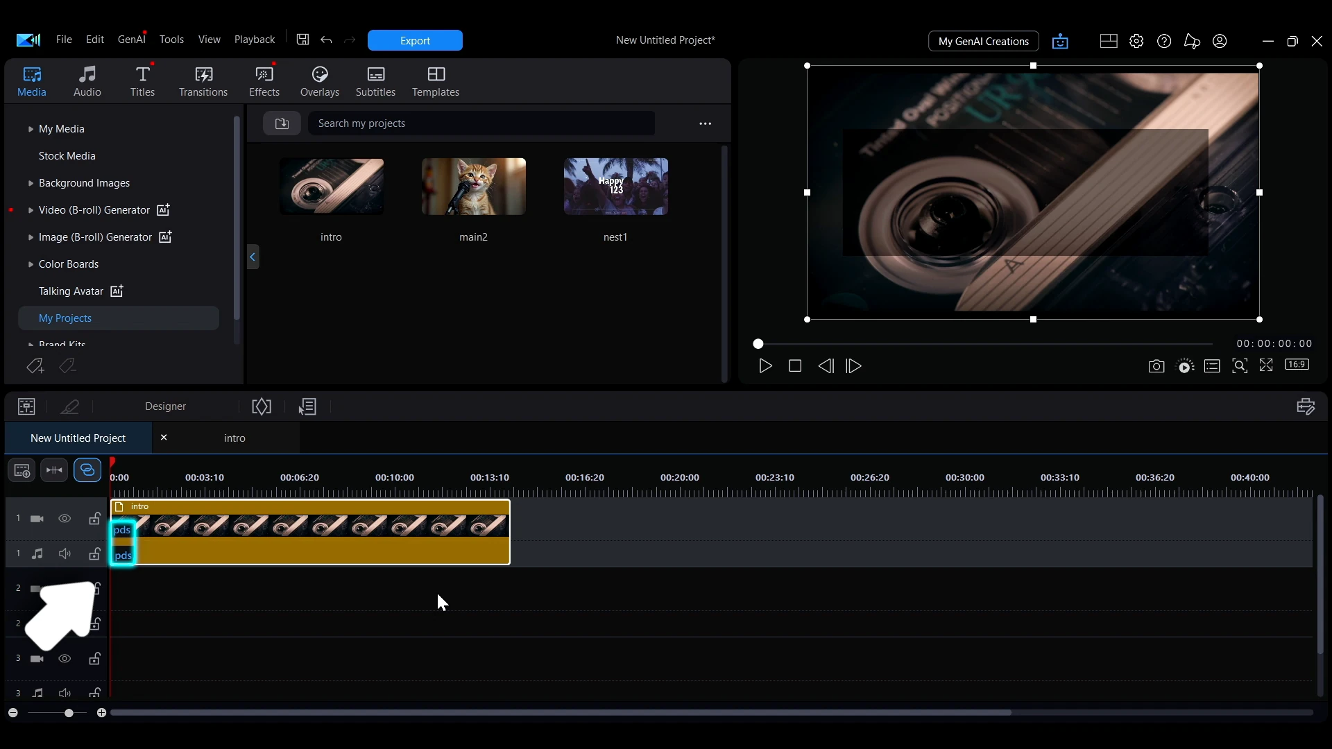 A nested project clip on the PowerDirector timeline marked with a pds label.