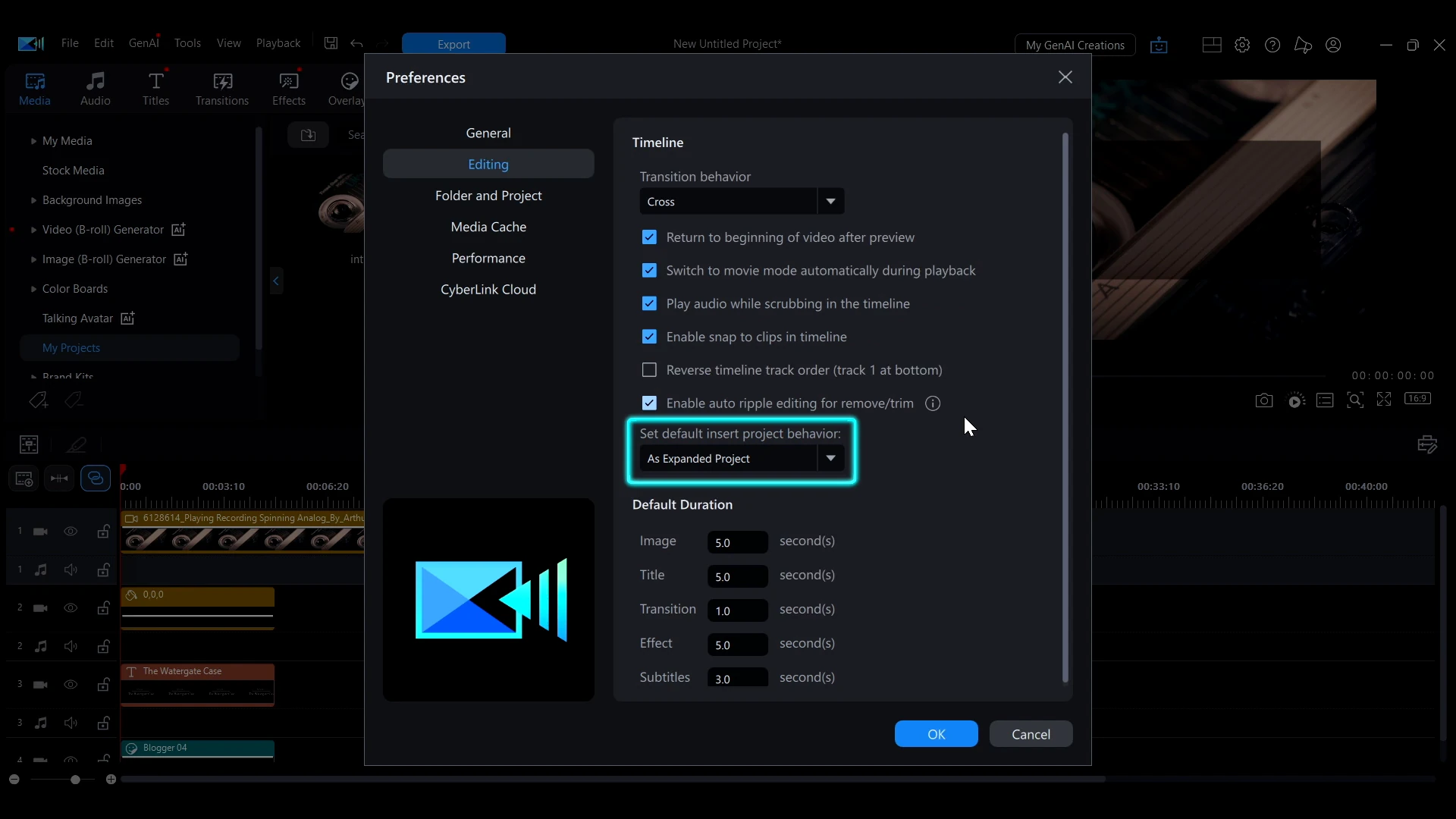 The Editing tab of PowerDirector Preferences with the Set default insert project behavior dropdown highlighted, currently reading As Expanded Project.