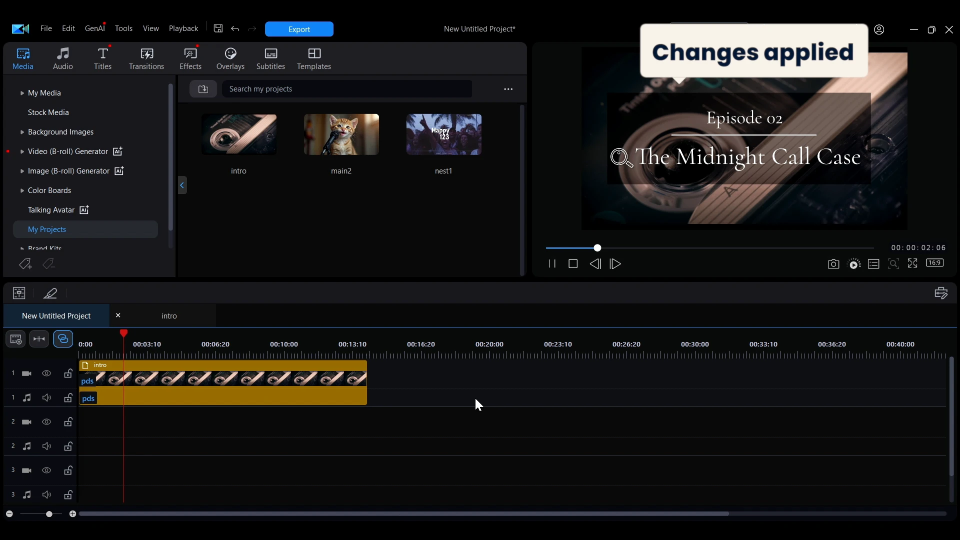 A callout in PowerDirector reading changes applied, over the nested project clip on the main timeline.