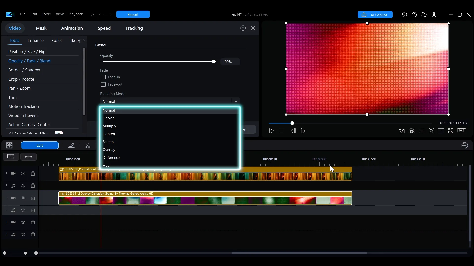 The Blending Mode dropdown open in the Edit panel