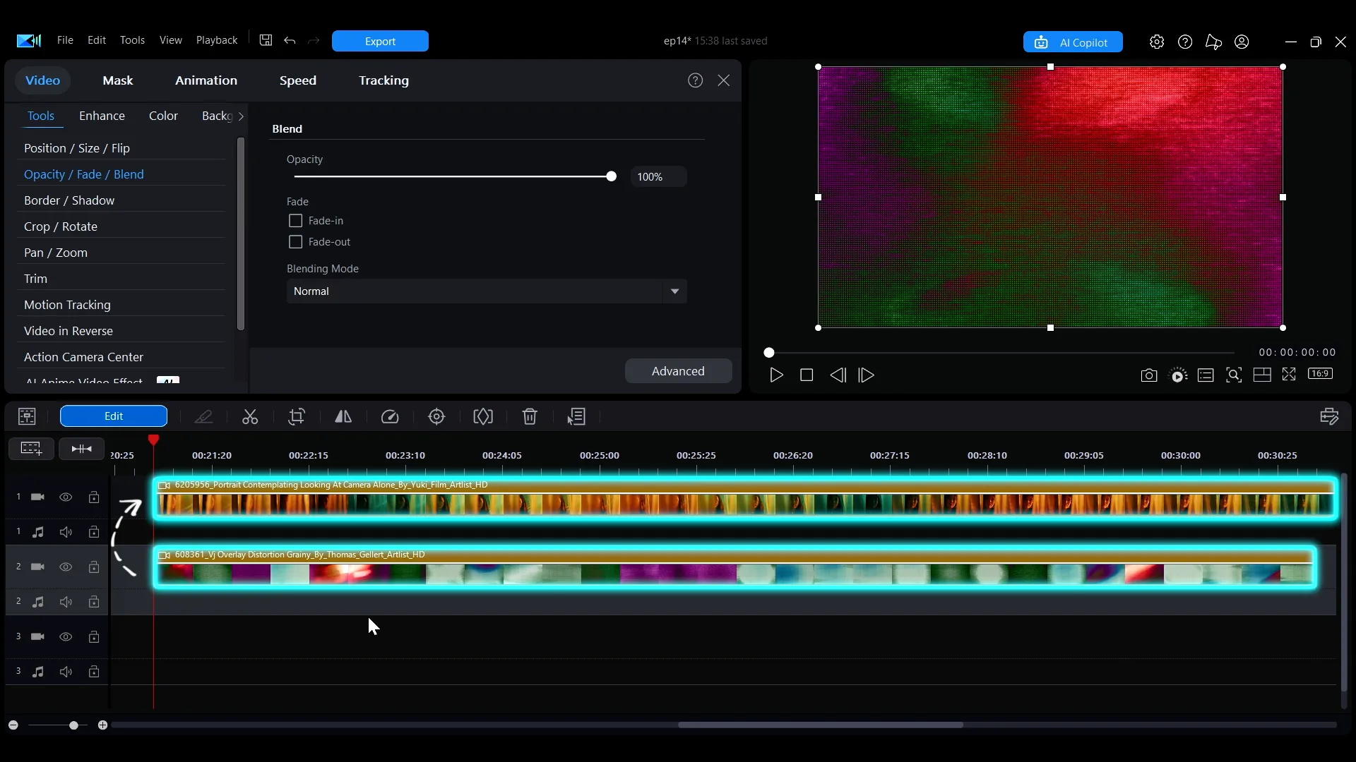 Two clips stacked on the timeline, with the blend relationship marked between them