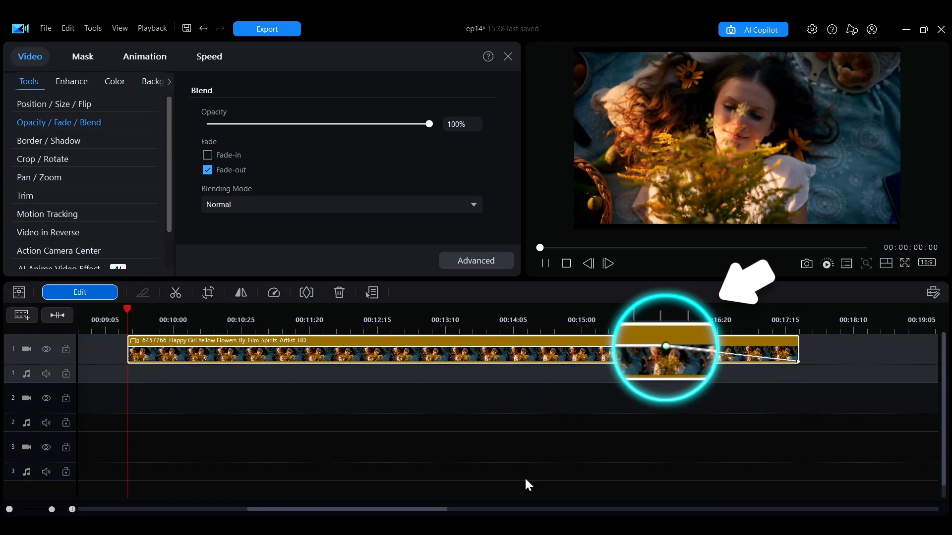 A white fade keyframe dot on a timeline clip, highlighted