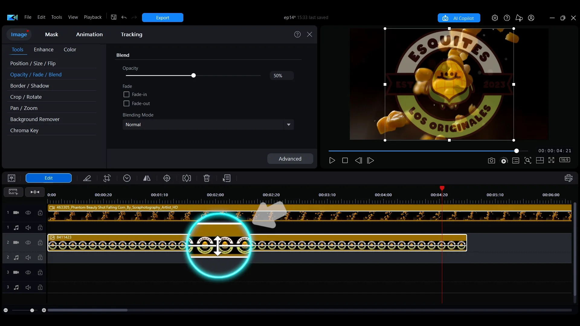 The white opacity line across a clip on the timeline, with the drag cursor showing