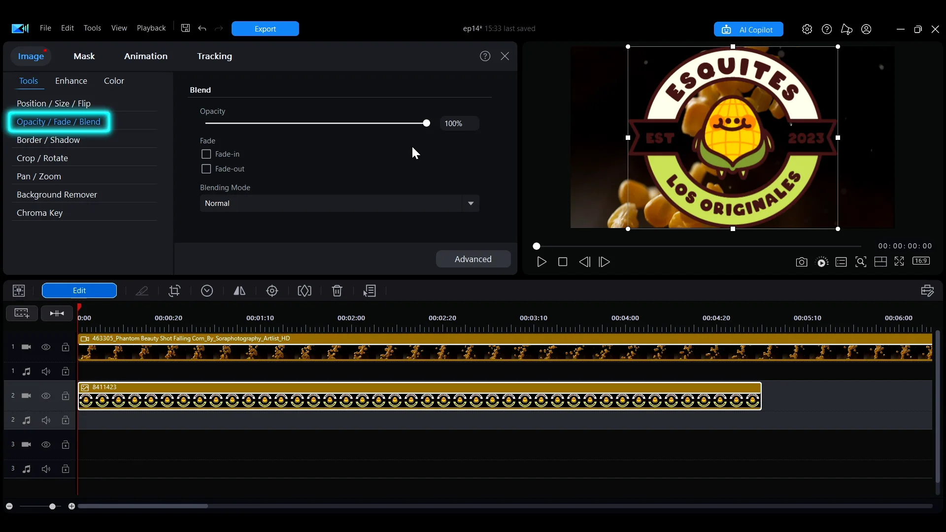 The PowerDirector Edit panel with Opacity / Fade / Blend selected in the Tools list