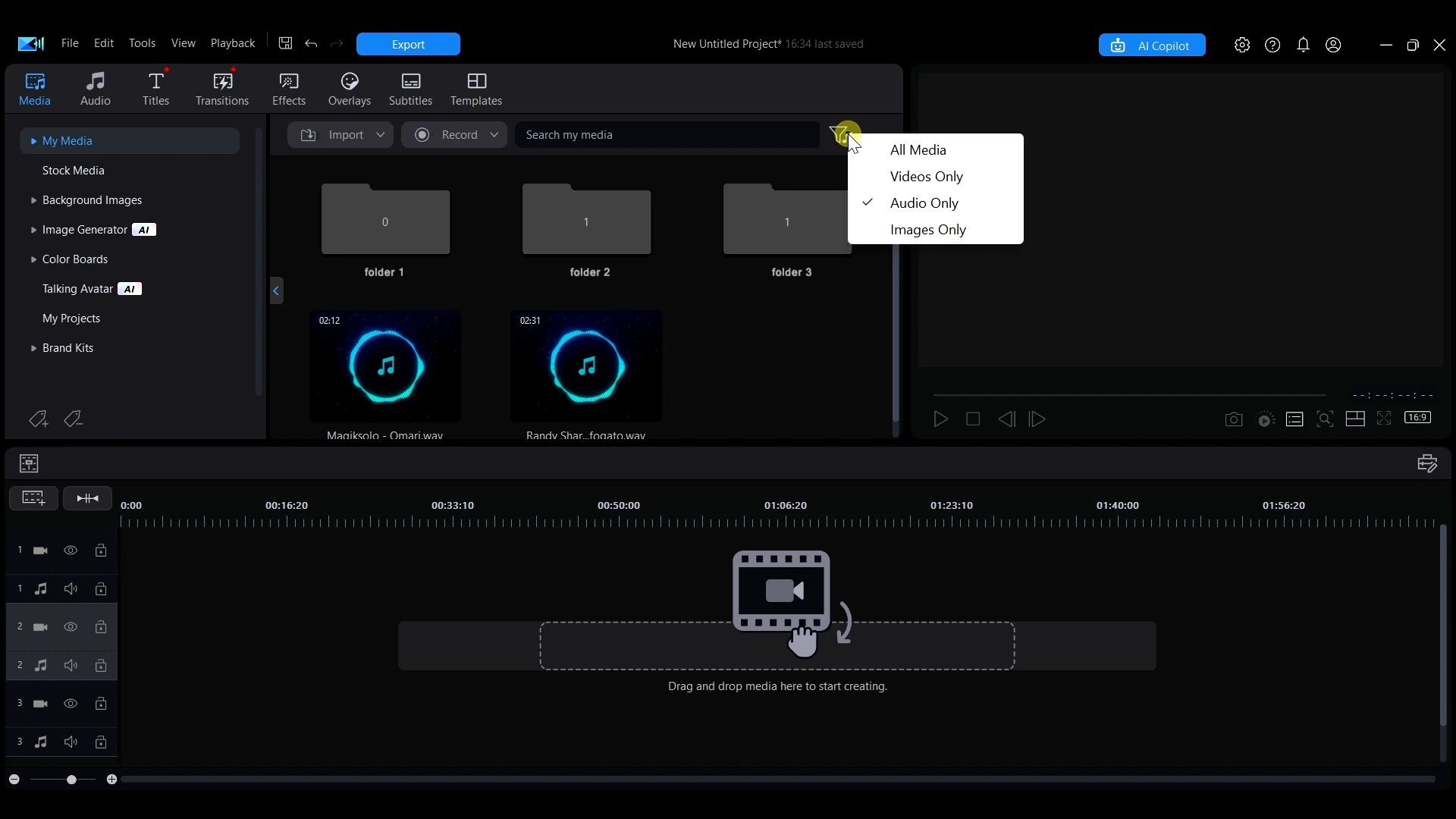The media panel with the filter funnel icon and search bar