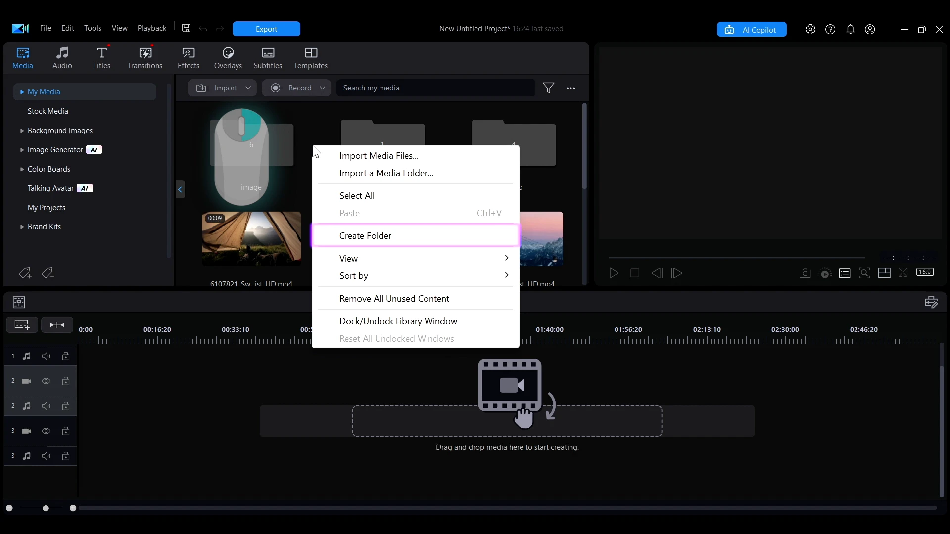 The right-click menu with Create Folder highlighted