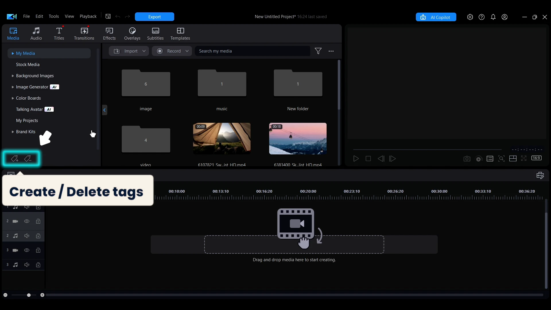 The tag icons at the bottom-left of the media panel, highlighted for creating tags