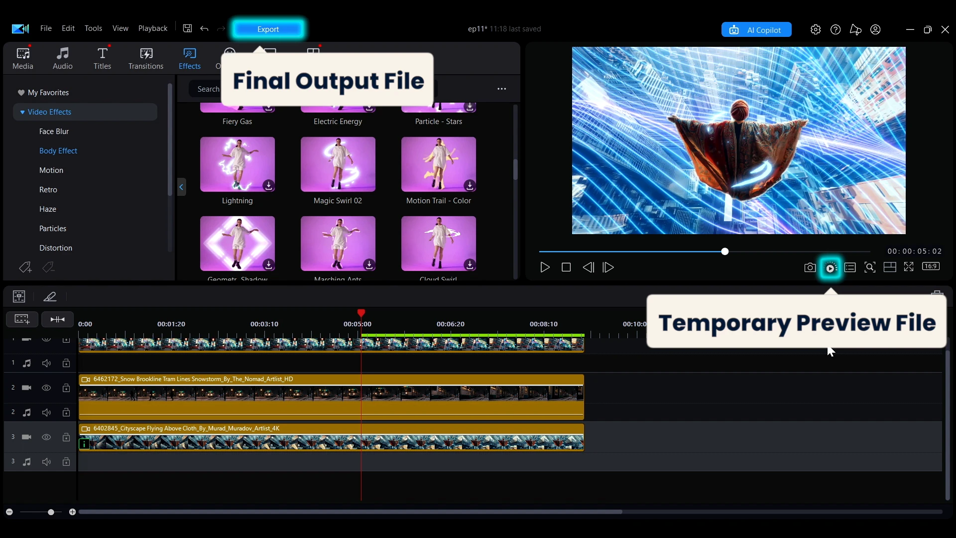 A comparison of the final output file and the temporary preview file