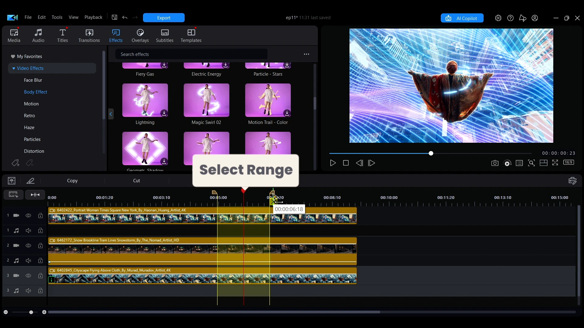 Select Range used to limit a preview render to one section of the timeline