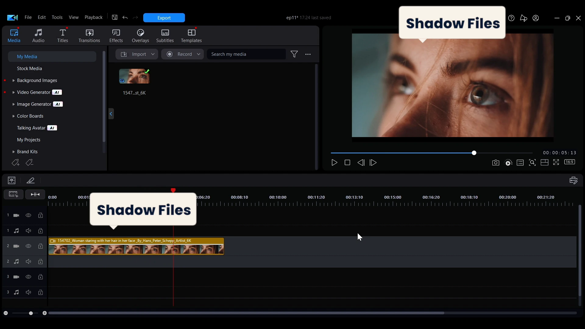 A clip in the library with the blue shadow file icon in the corner of its thumbnail