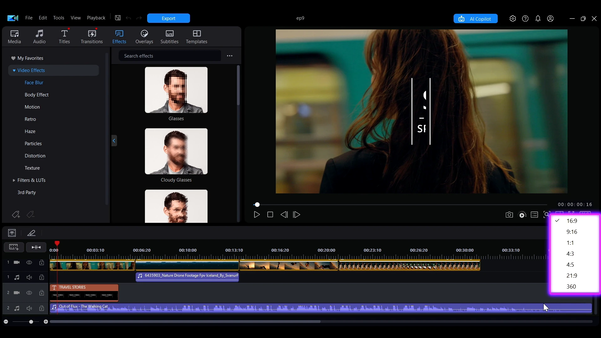 The aspect ratio menu open under the preview window showing 16:9, 9:16 and other options