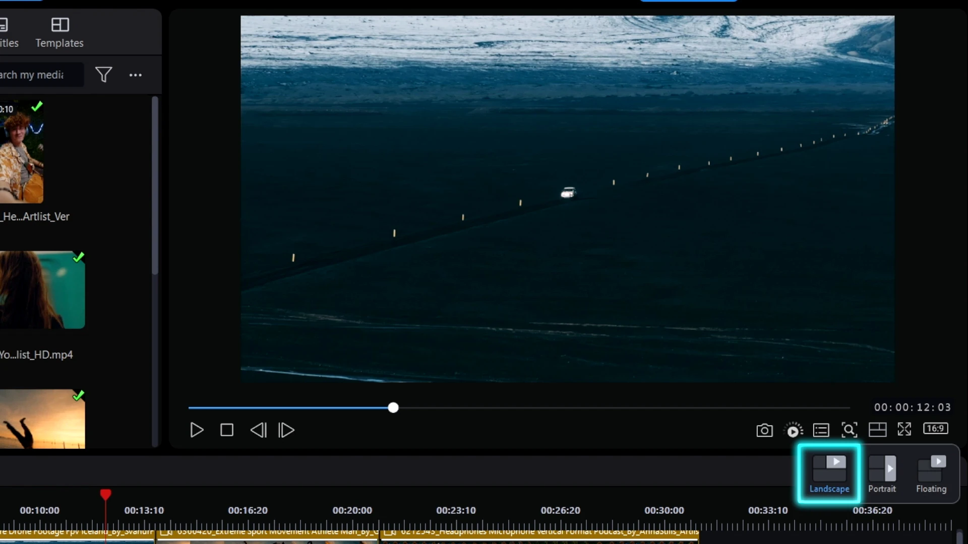 The Landscape, Portrait and Floating layout buttons with Landscape selected