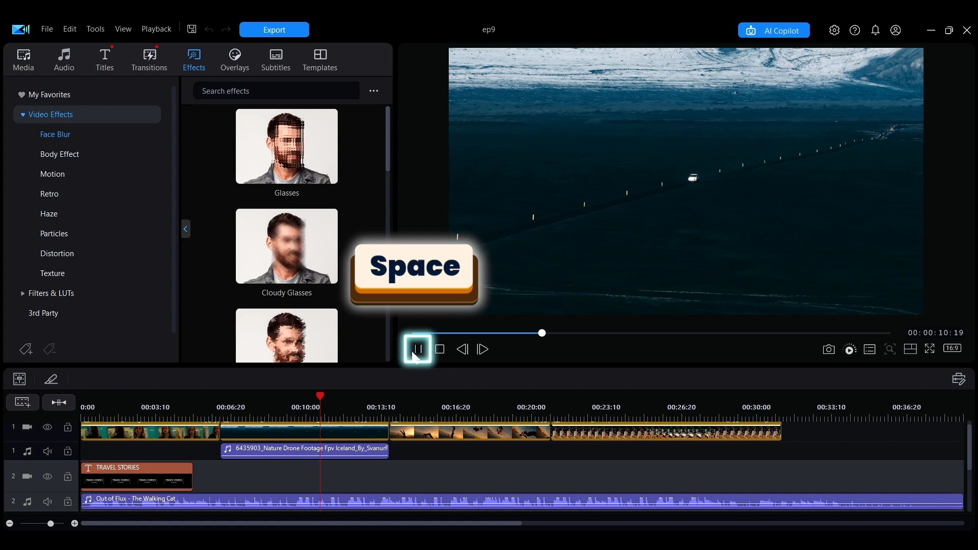 The play and pause controls under the preview window with the spacebar shortcut