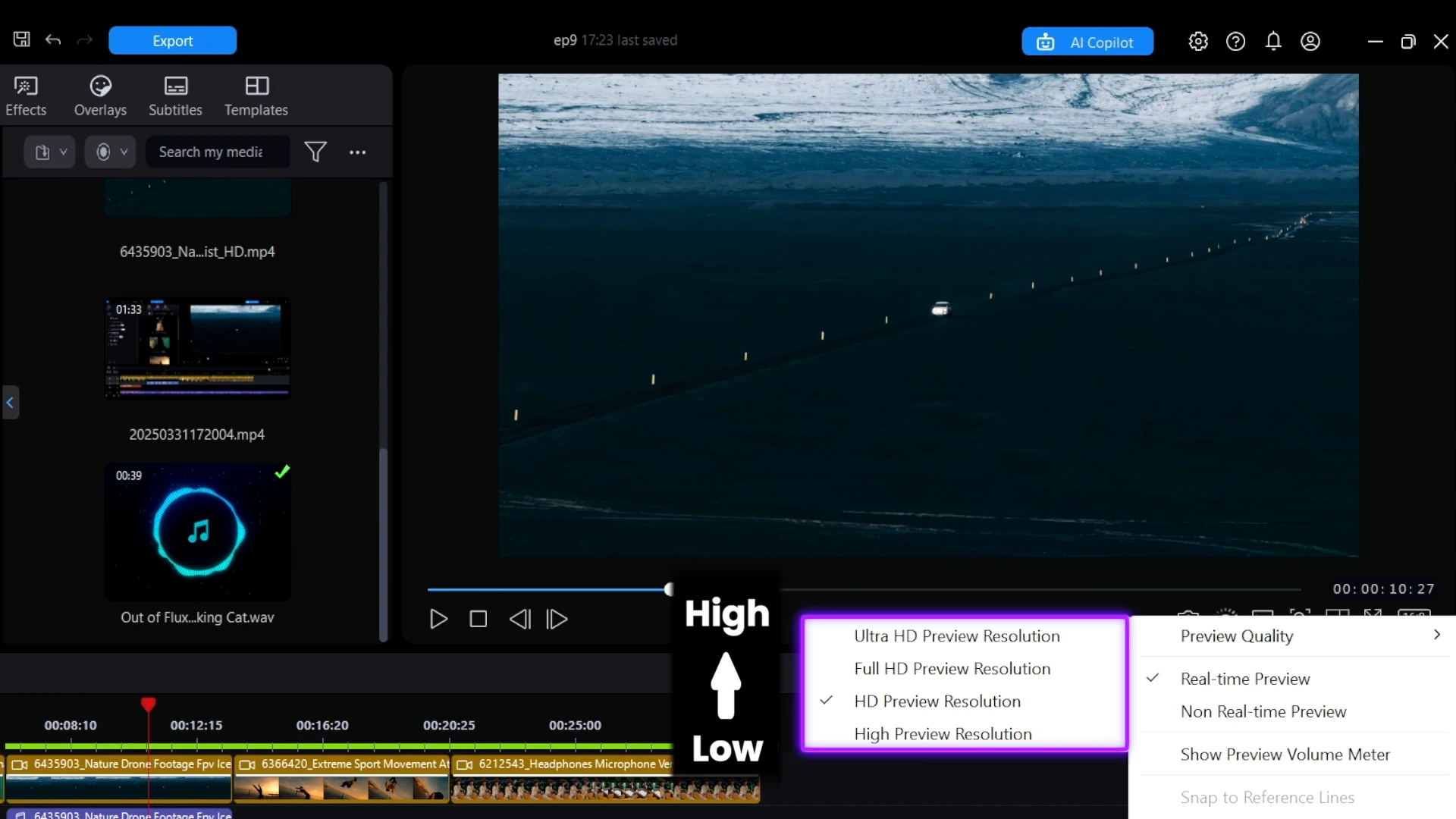The Preview Quality submenu listing Ultra HD, Full HD, HD and High preview resolutions