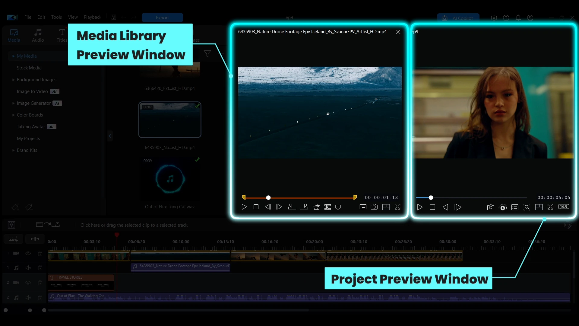 The Media Library Preview Window and the Project Preview Window side by side
