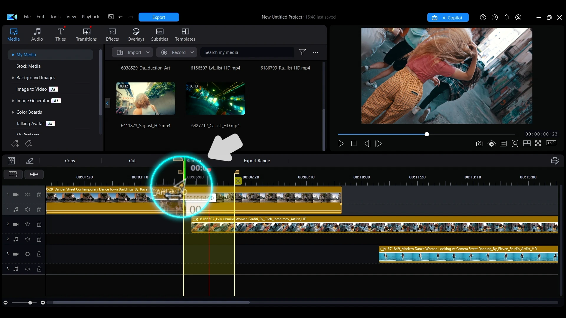 Dragging the yellow line at the edge of a selected range on the timeline
