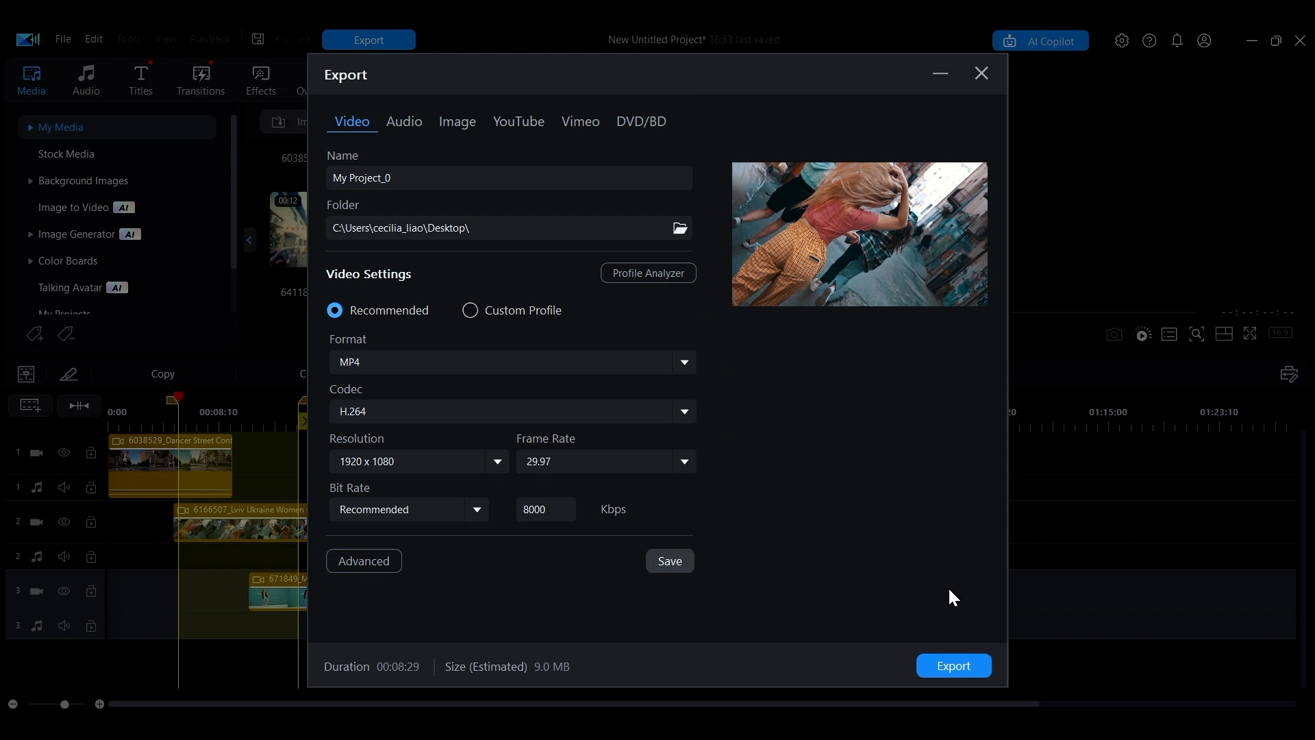 The Export window opened from Export Range with the selected span queued