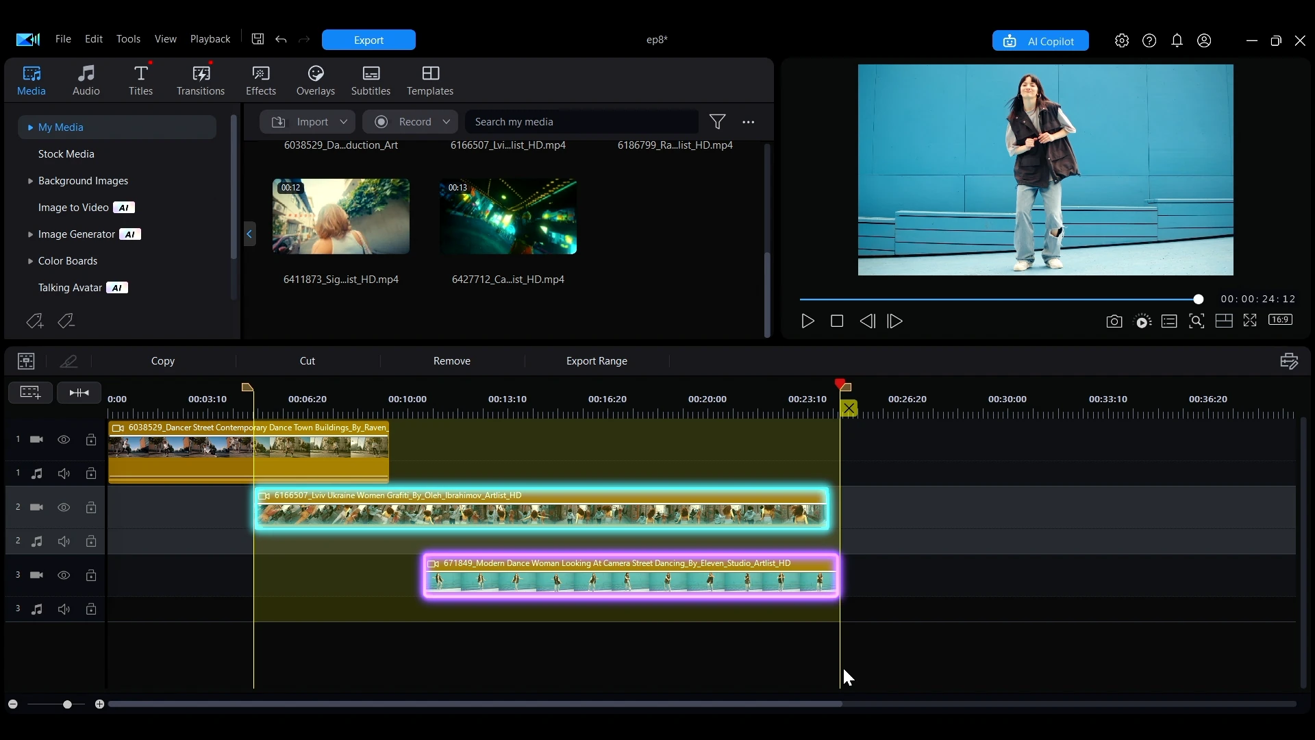 Two selected clips with the range automatically set to their combined length