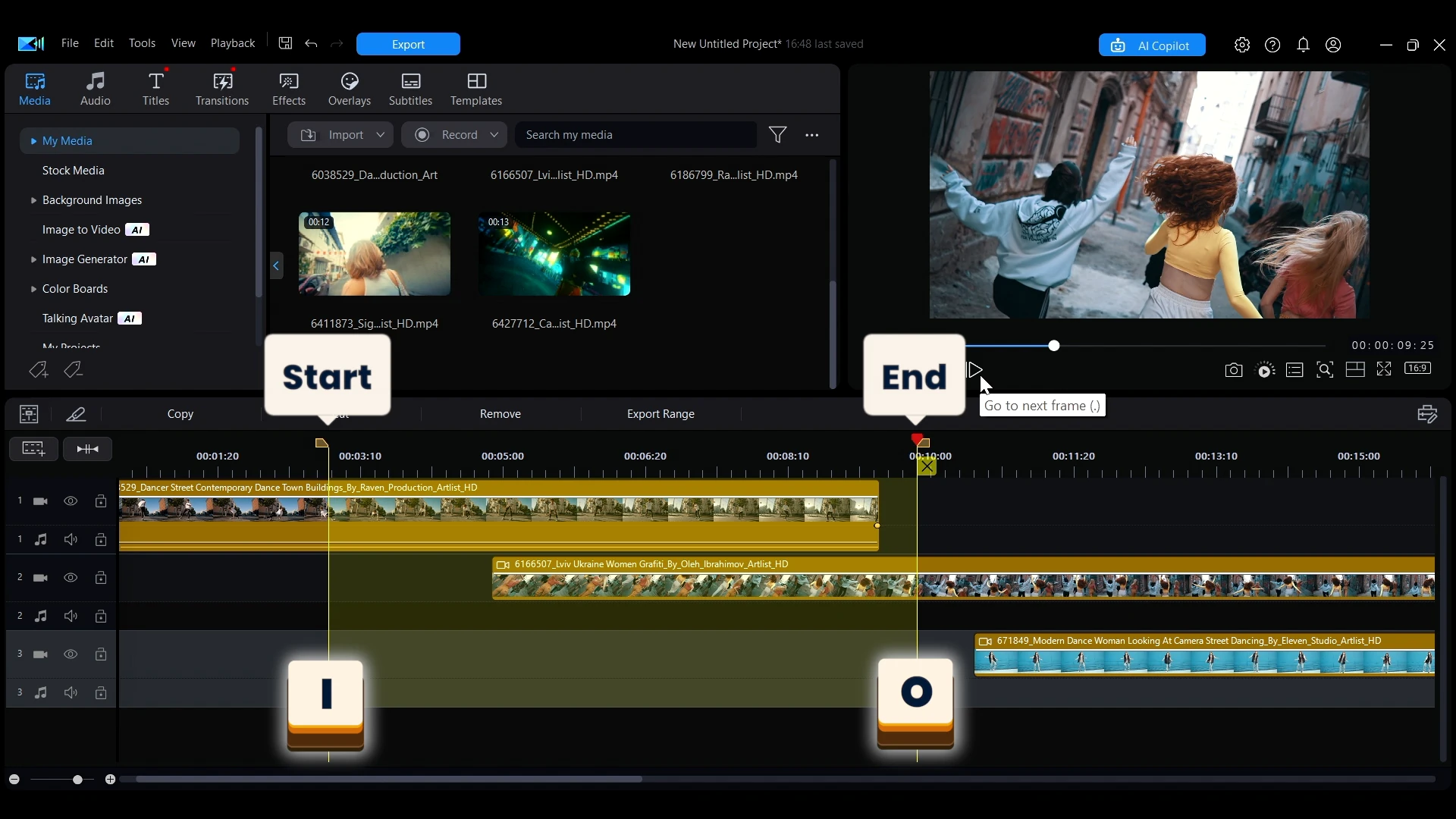 Start and End markers set on the timeline with the I and O shortcut keys