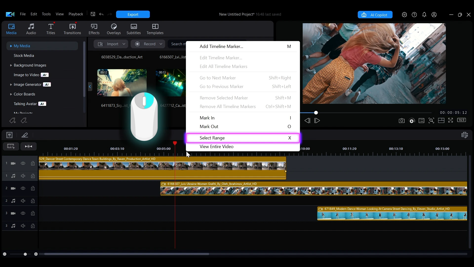The timeline right-click menu with Select Range highlighted