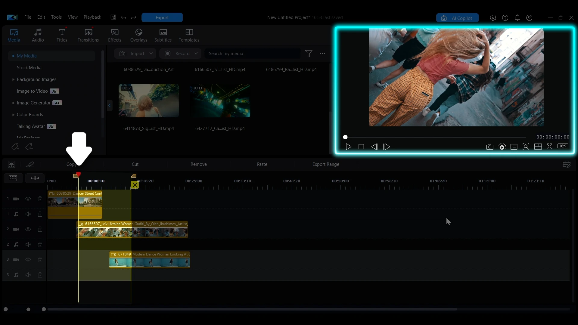Playback running inside the selected range in the preview window