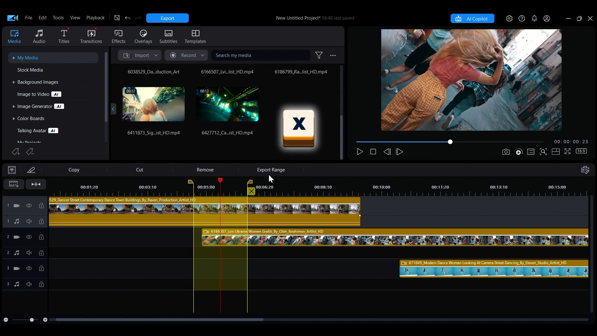 The X keyboard shortcut opening range selection on the timeline