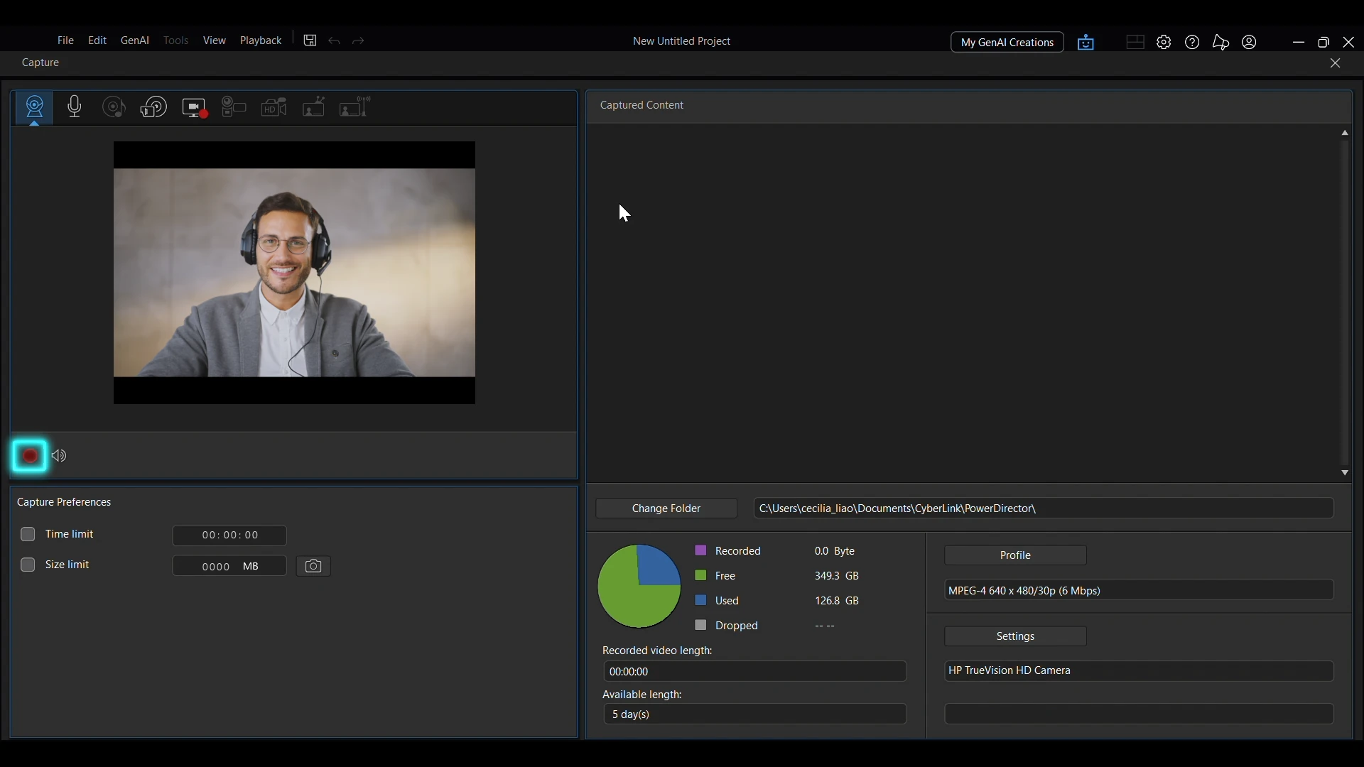The Capture window in PowerDirector with the webcam preview at the upper left.