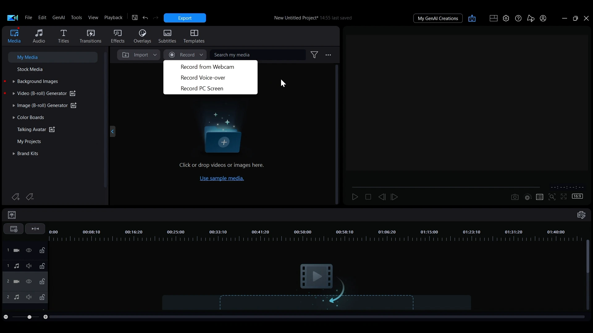The Record dropdown open in PowerDirector showing the webcam, voice-over and PC screen options.