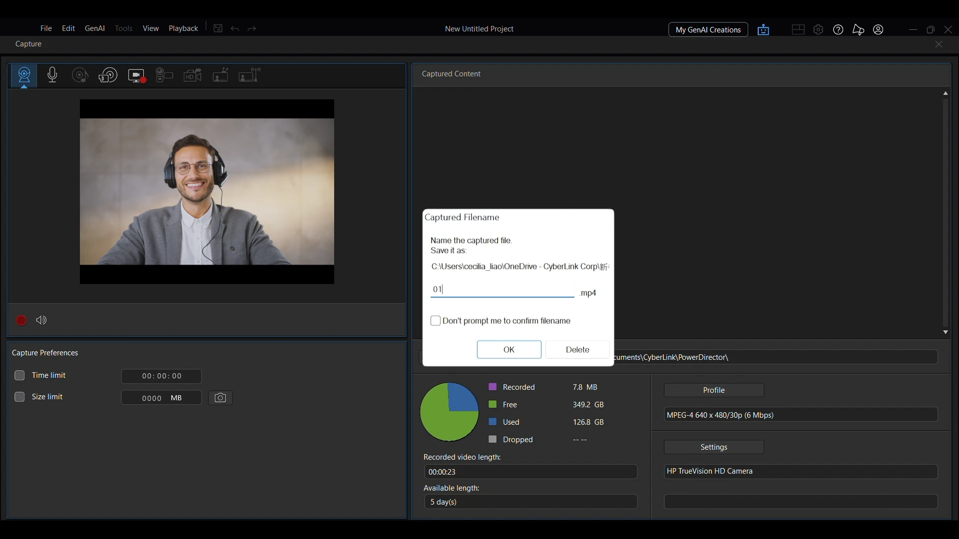 A dialog in the PowerDirector Capture window for naming the recorded file.