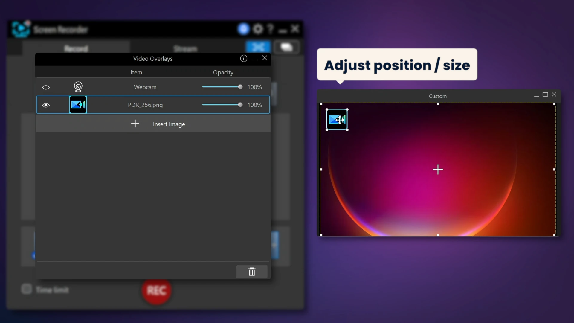 The Video Overlays panel in the PowerDirector Screen Recorder with an imported image and a callout reading adjust position and size.