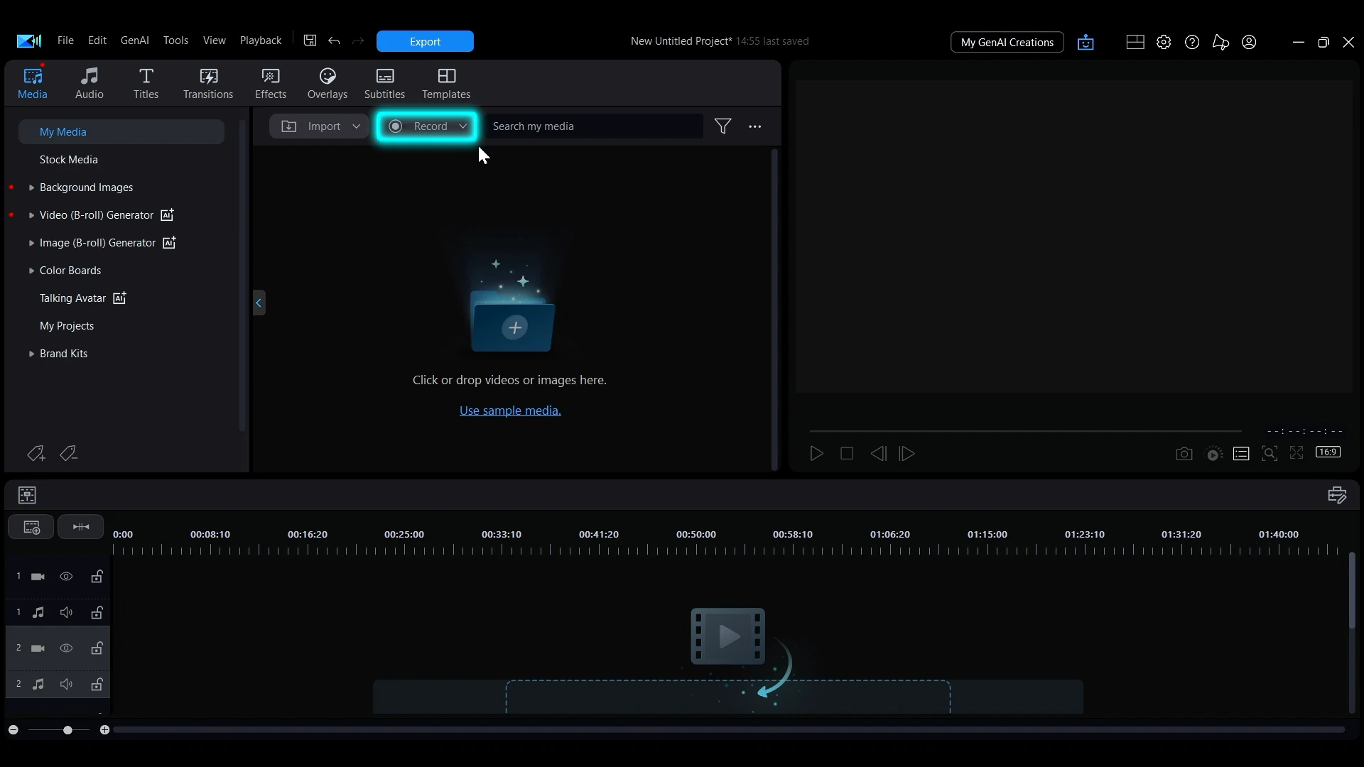 The Record dropdown highlighted at the top of the My Media panel in PowerDirector.