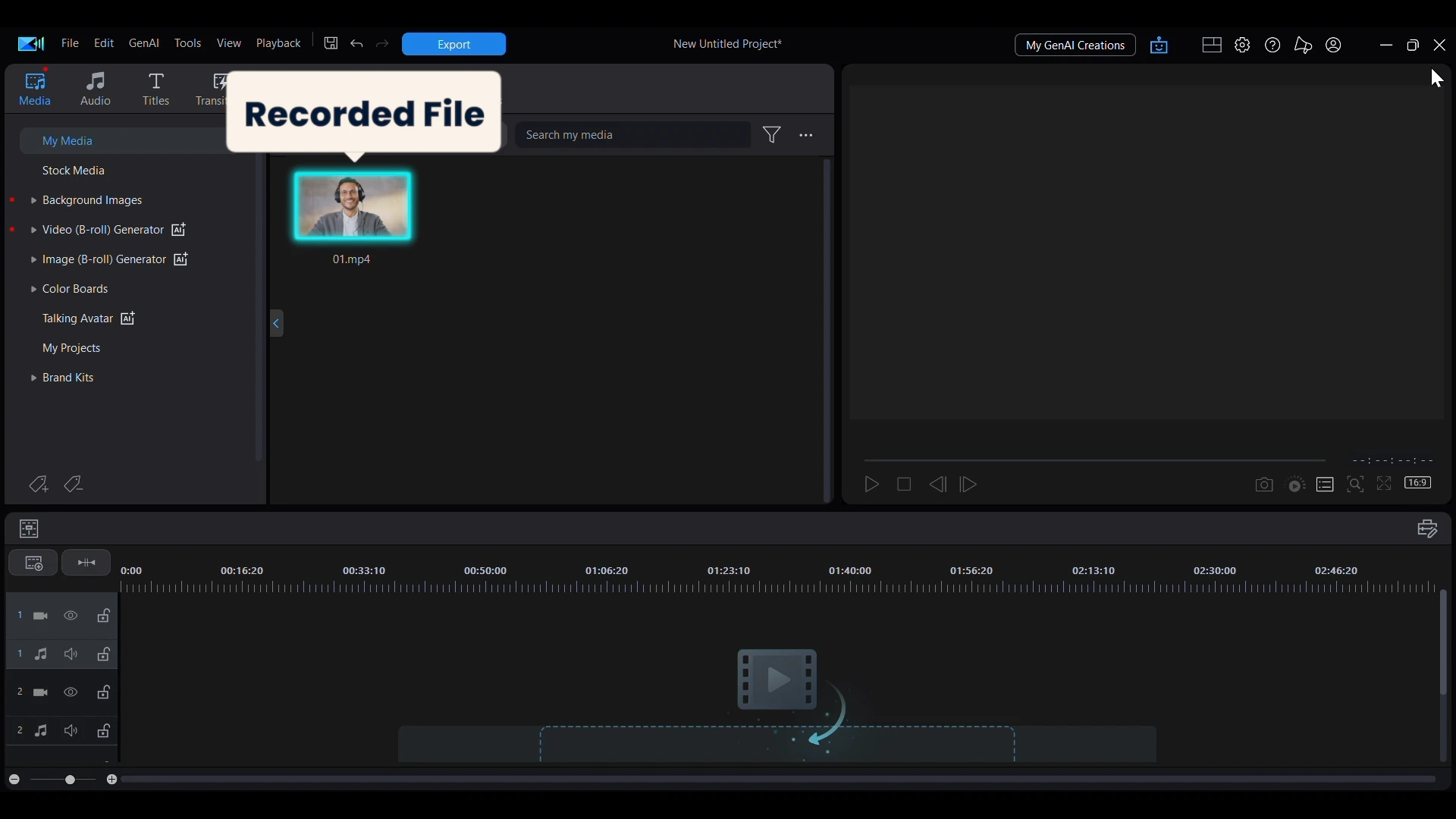 A recorded clip shown in the My Media panel in PowerDirector with a callout reading recorded file.