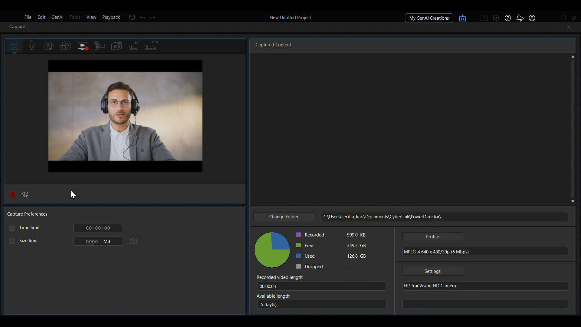 The Capture window in PowerDirector during a webcam recording.