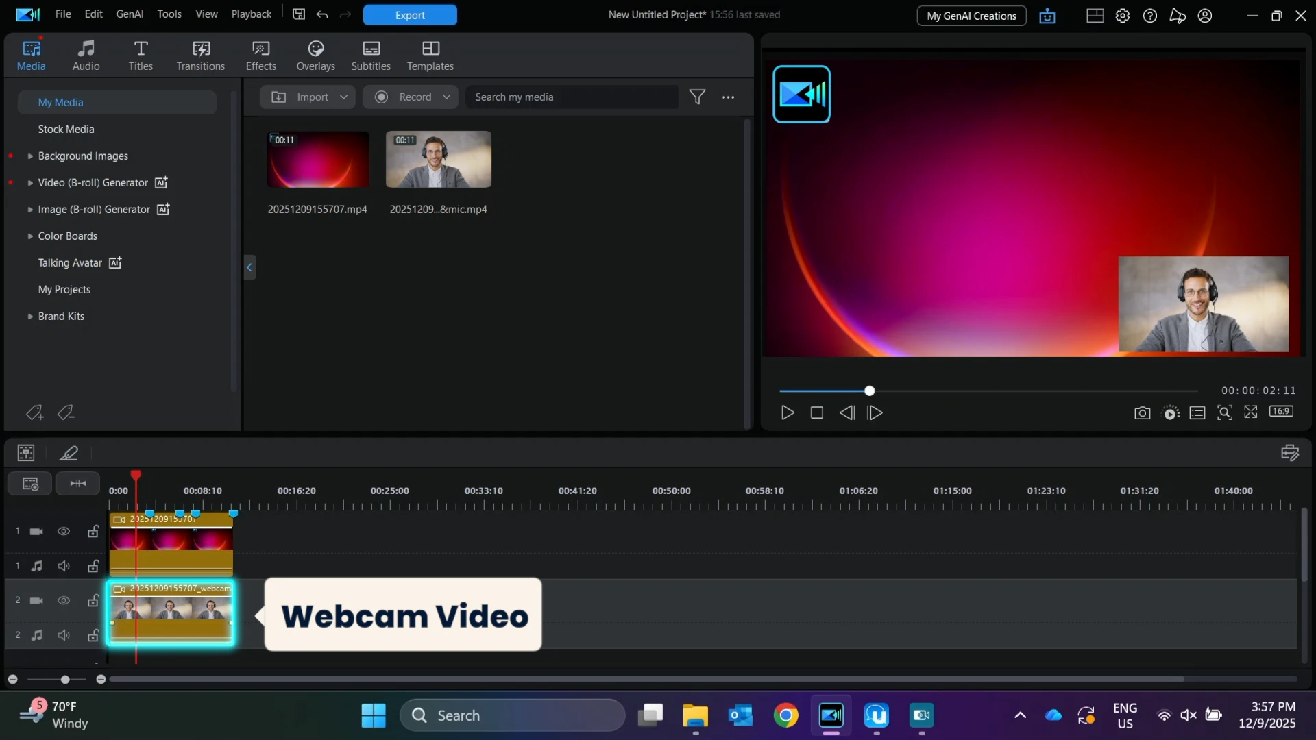 The PowerDirector timeline after a screen recording, with the screen capture on one track and a callout marking the webcam video on the track below.