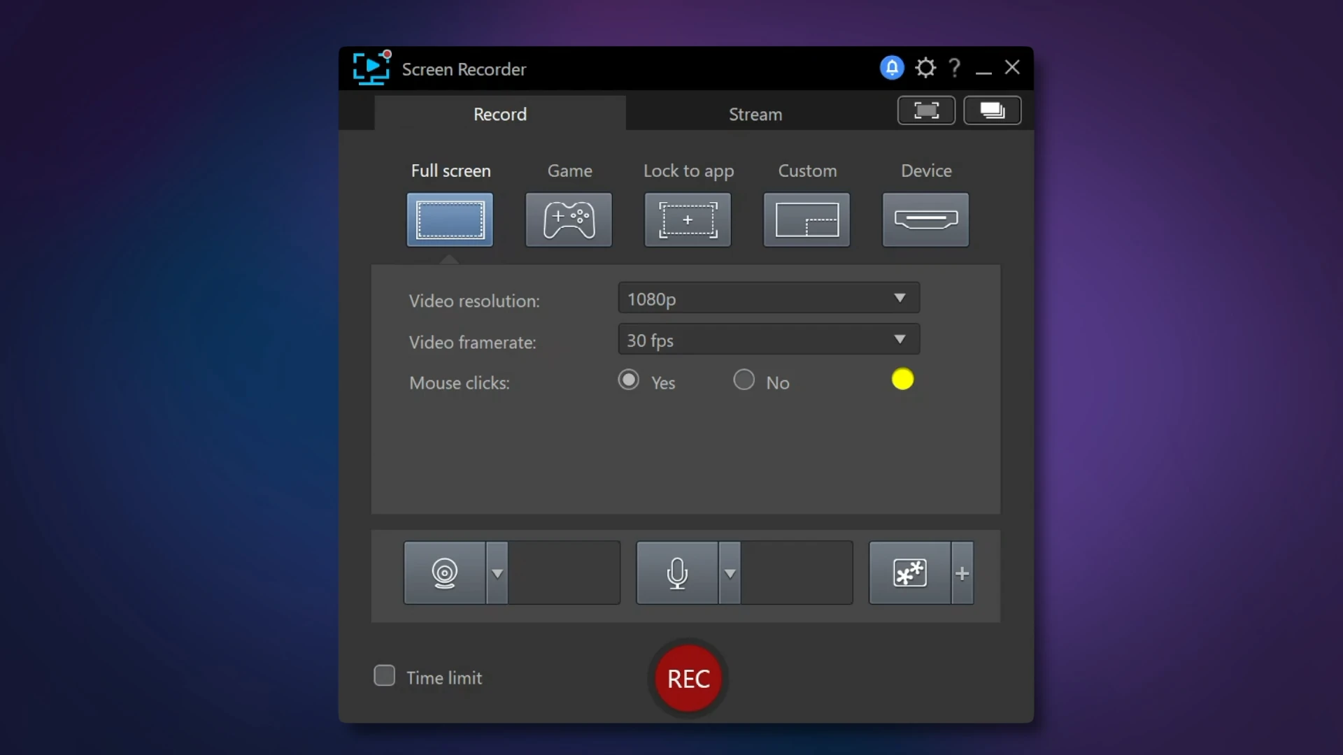 The Screen Recorder window in PowerDirector showing capture target options, video resolution, frame rate and a mouse click setting.