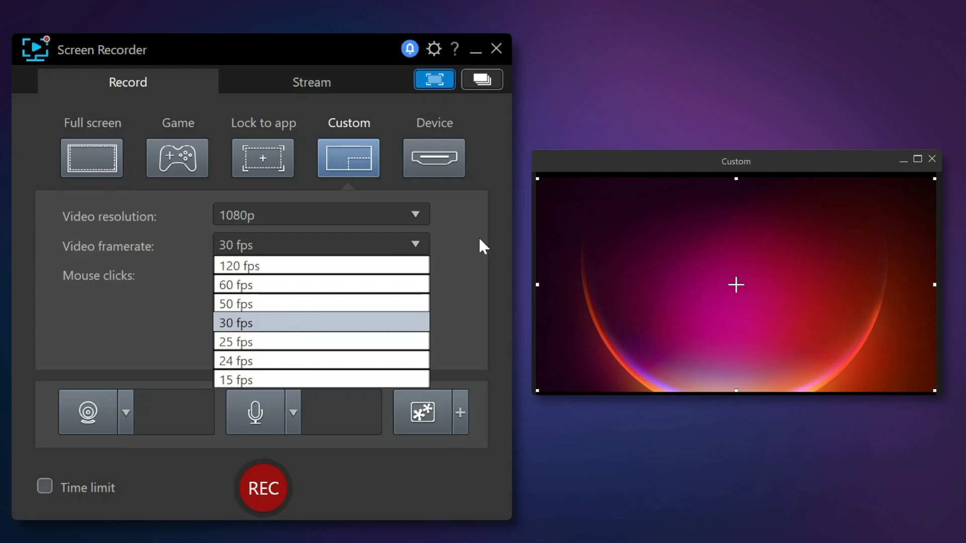 The video resolution and frame rate settings in the PowerDirector Screen Recorder, with the frame rate dropdown open.