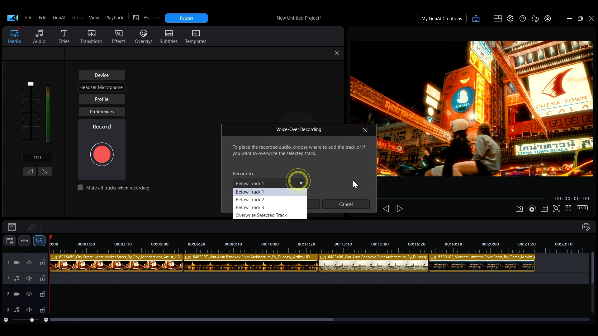 The Voice-Over Recording dialog in PowerDirector listing the master tracks the voice-over can be recorded to.