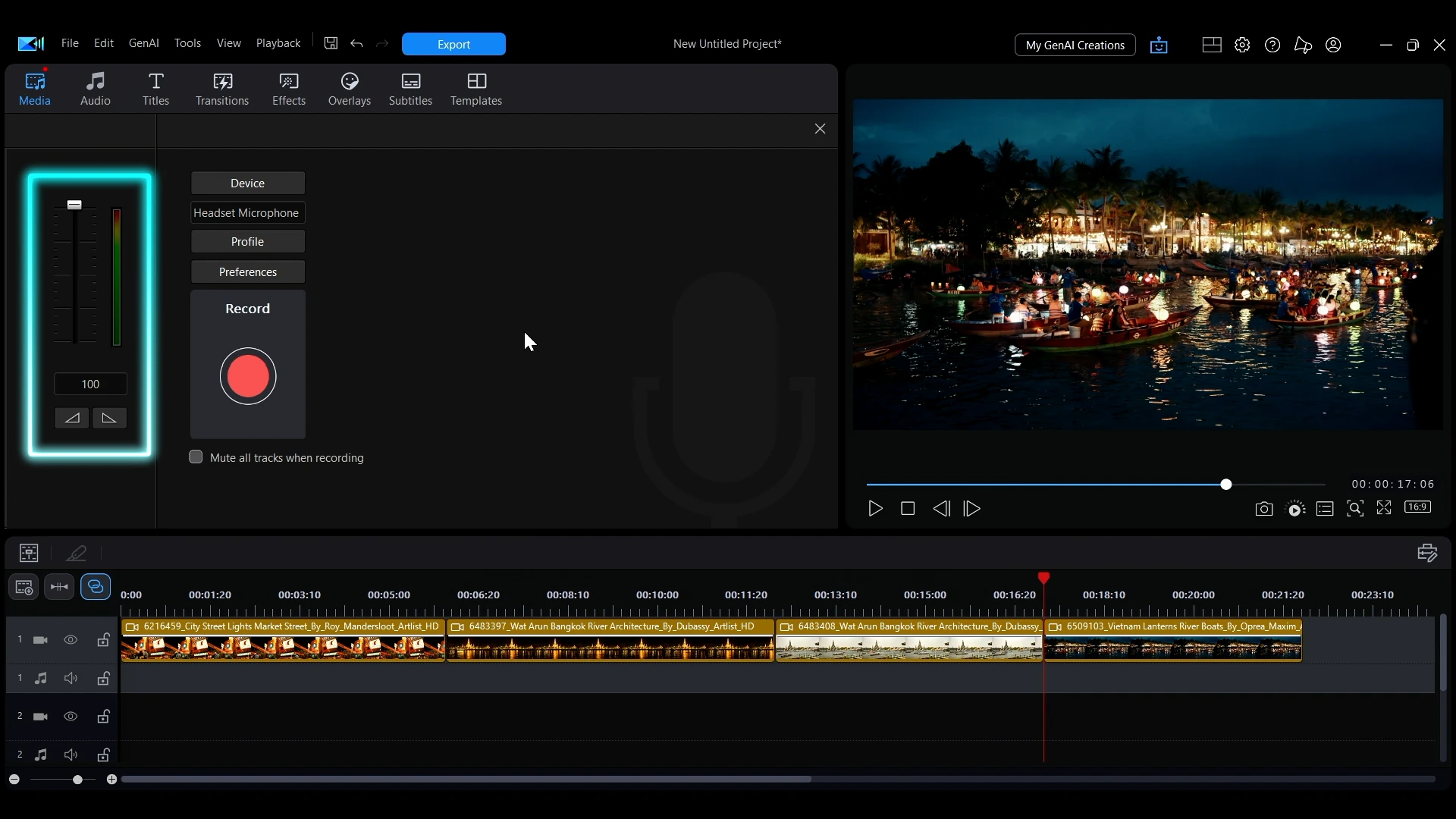 The voice-over recorder in PowerDirector with the recording volume slider and the red record button.